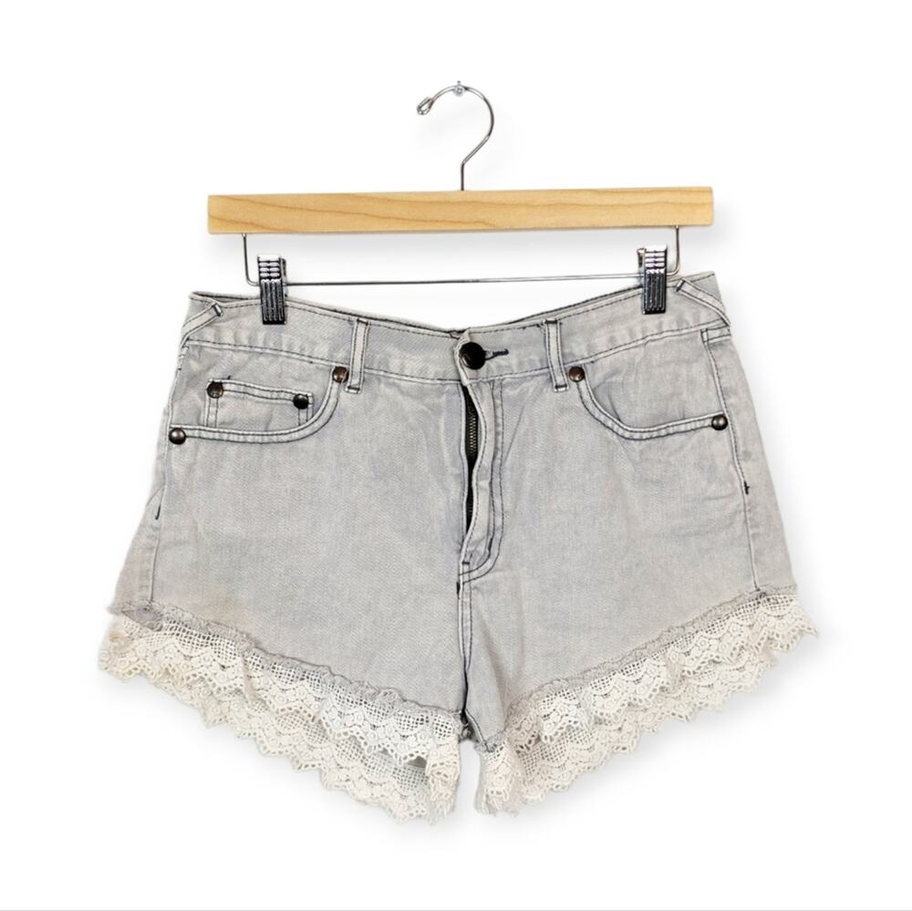 Free People Lacey Denim Shorts 28 Lace Trim Boho High Rise Cutoff